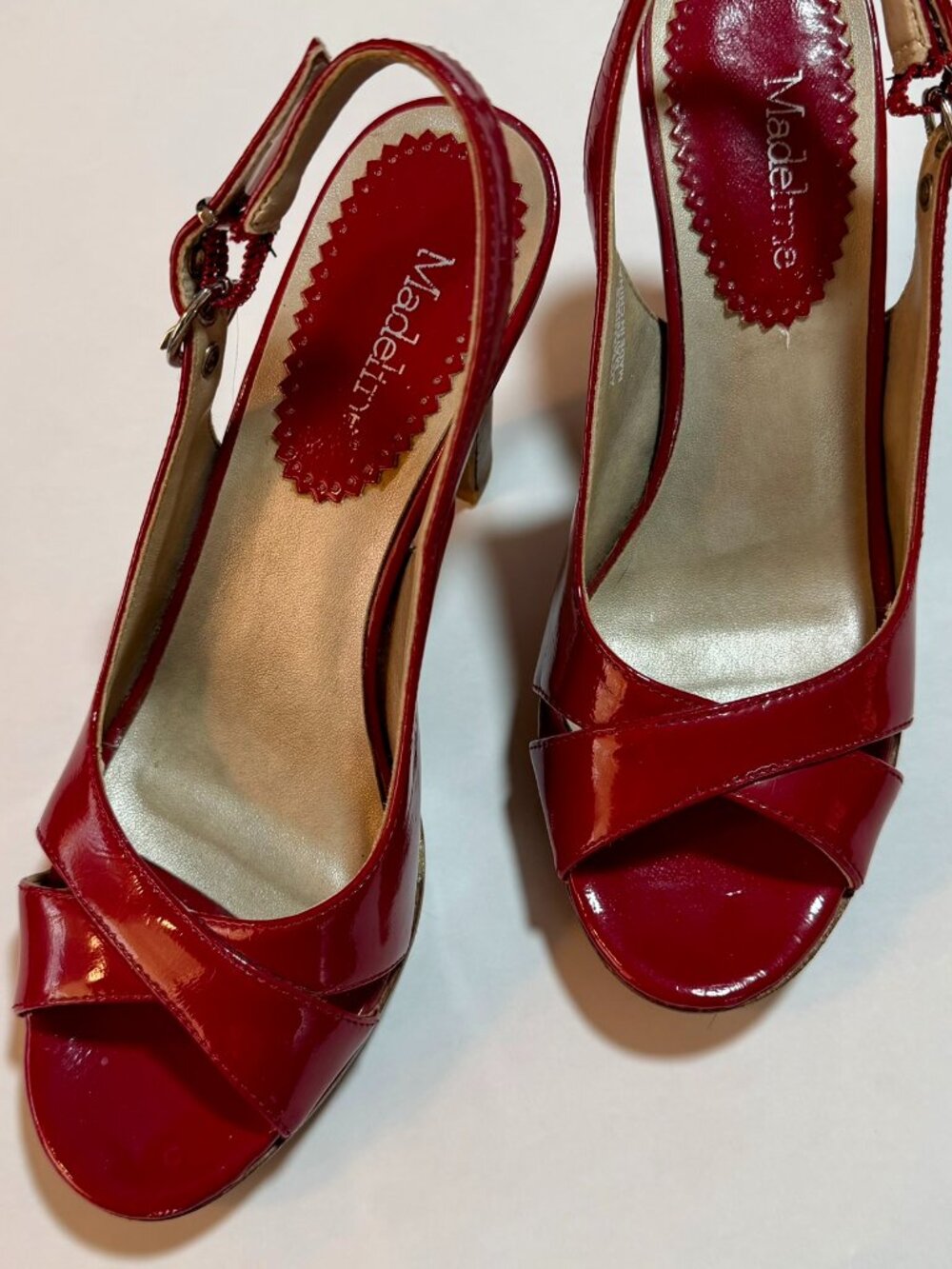 Madeline Red Patent Slingback Peep‑Toe Heels 7.5 | Platform Dress Shoes